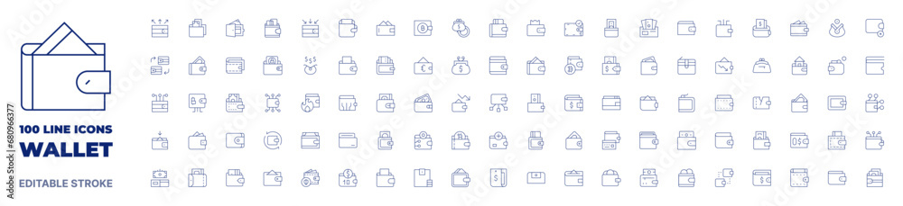 100 icons Wallet collection. Thin line icon. Editable stroke. Wallet icons for web and mobile app.