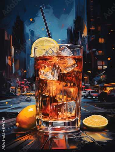 A Glass Of Ice Tea With Lemons And A Straw On A Street - New York Sour cocktail