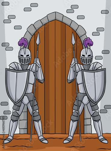 Knight Guarding a Gate Colored Cartoon 