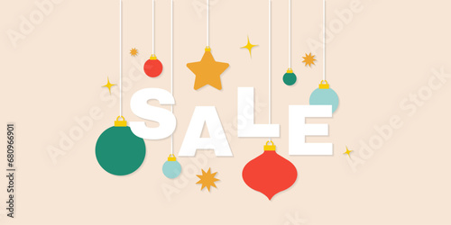 Christmas and New Year web concept in flat style with SALE text and Christmas decoration elements. 