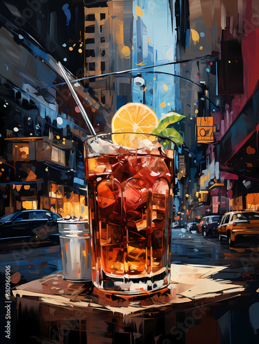 A Glass Of Ice Tea With A Lemon Slice And A Metal Bucket On A Table In A City - New York Sour cocktail