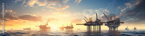 Offshore oil and gas platform in ocean. Petroleum platforms or crane.wide banner photo