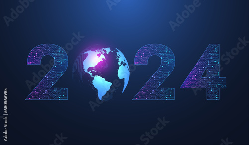 Christmas poster template 2024 illustration of new digits electronic technology. New year, merry christmas 2024 congratulations card in cyber computer design. Tech digital banner or header 2024 year photo