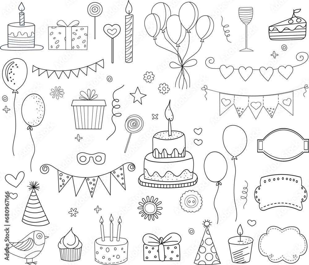 set of doodle drawings for birthday on white background vector