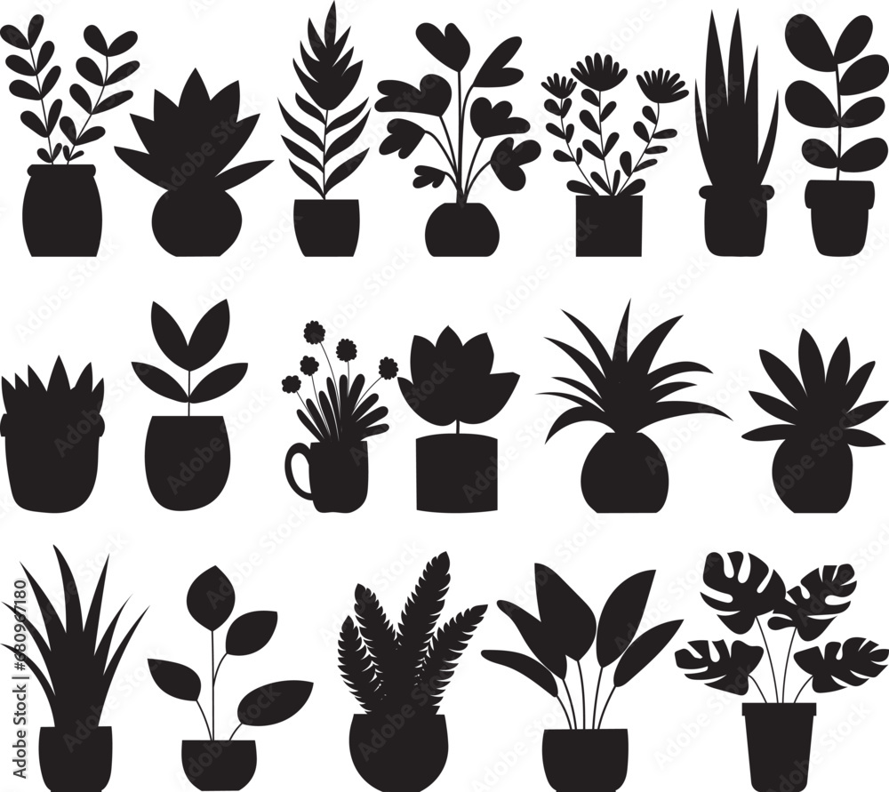 silhouette of plants in flower pots set on white background vector