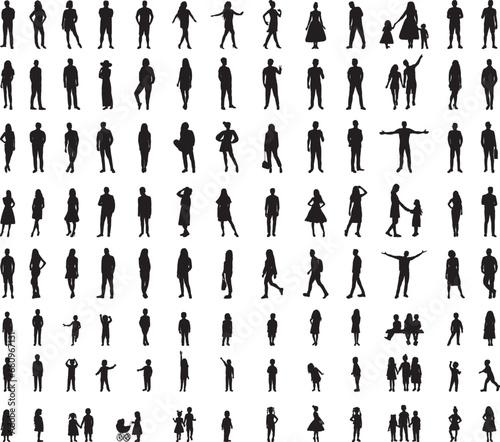 set of silhouettes of people line drawing on white background vector