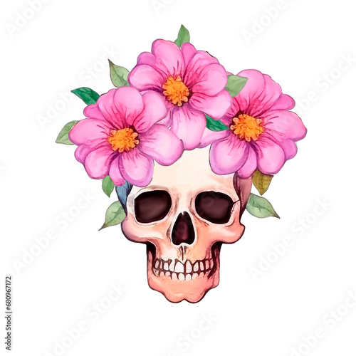 Watercolor skull with spring pink flowers and leaves