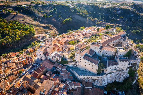 Caccamo, Sicily, Italy. View of popular hilltop medieval town with impressive Norman castle and surrounding countryside.