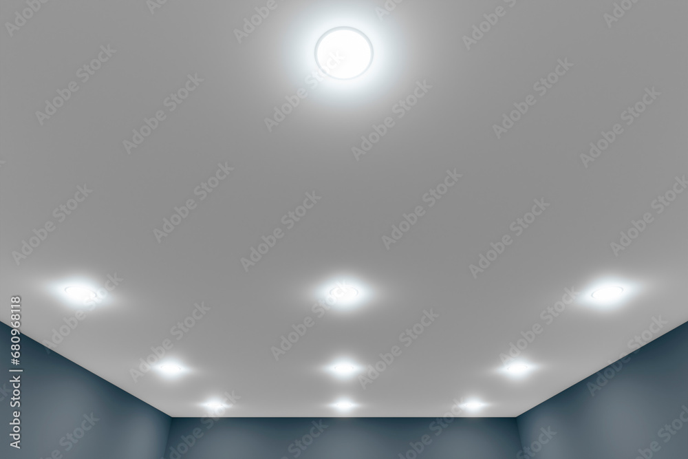 Recessed ceiling lights in a white stretch ceiling. - obrazy, fototapety, plakaty 