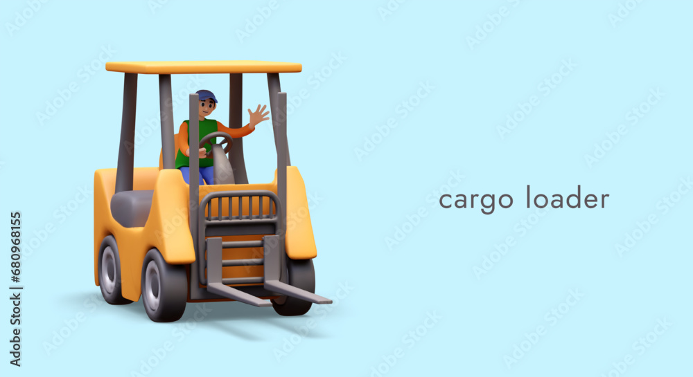 Young happy man sitting in cargo loader and ready to work. Warehouse, transportation, and delivery. Placard with place for text and blue background. Vector illustration in 3D style