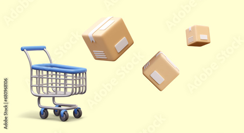 Realistic trolley and flying cartoon boxes. Concept of fast order delivery. Poster with yellow background and place for text. Vector illustration in 3D style