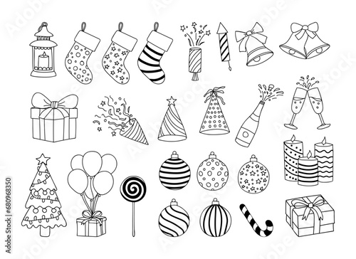 Set of doodle christmas illustrations in vector on isolated white background