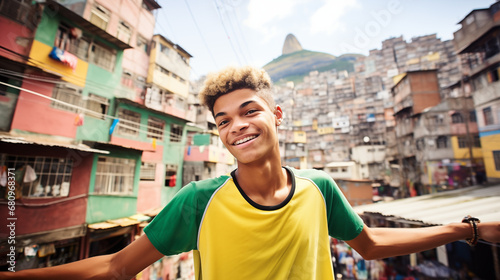 Teenage Boy in Brazilian Jersey Enjoying Vibrant Street Life