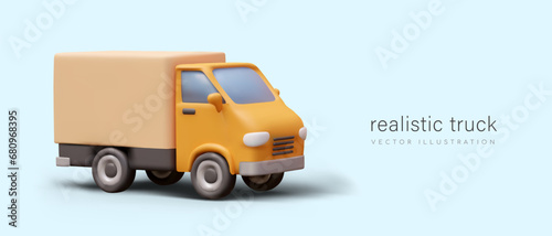 Placard with realistic yellow 3D truck on blue background with place for text. Delivery transport, heavy cargo transportation concept. Vector illustration in 3D style