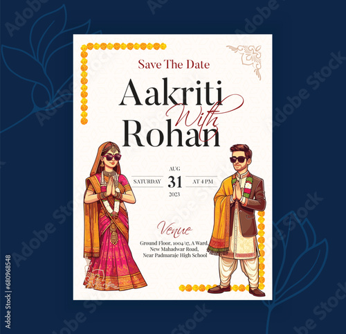 Vector traditional royal wedding invitation card design with Indian Bride and Groom