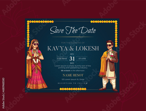 Vector traditional royal wedding invitation card design with Indian Bride and Groom