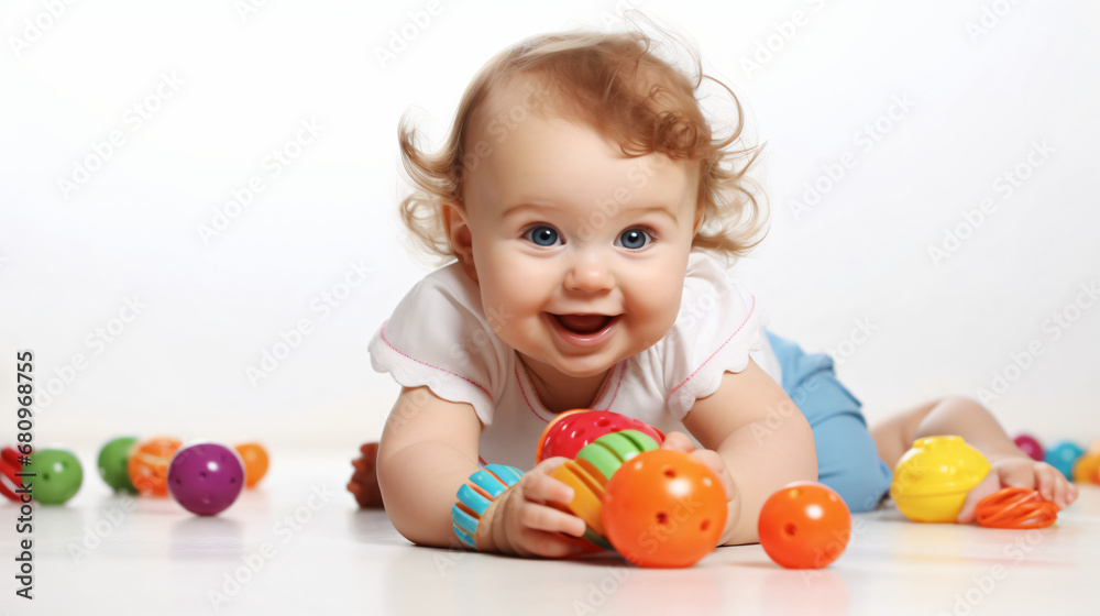 Playful Baby, White Playground. Baby's Discovery with Colorful Toys, Crawling Fun Playful Baby, White Playground. Baby's Discovery with Colorful Toys, Crawling Fun