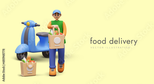 Young male in uniform carry paper bag with different food to costumer. Food online order. Concept of nourishment delivery service. Vector illustration in 3d cartoon style