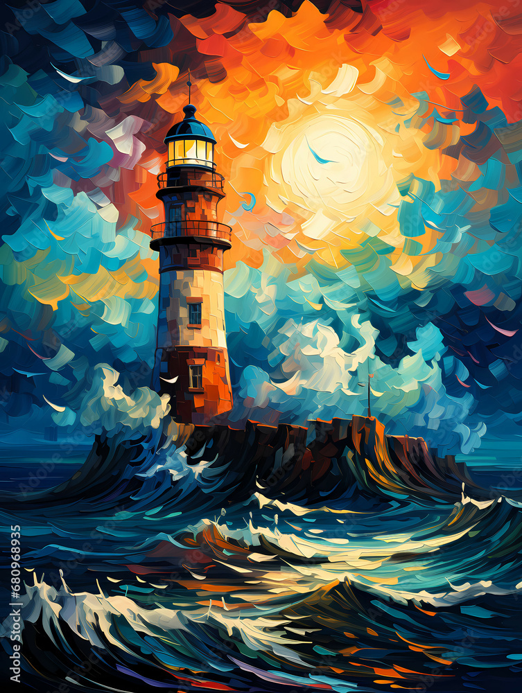 A Painting Of A Lighthouse In The Ocean - Painting of lighthouse amount the sea