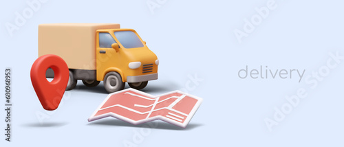 Horizontal poster with yellow big truck, open pink map, and mark. Tracking delivery service concept. Vector illustration in 3D style with blue background