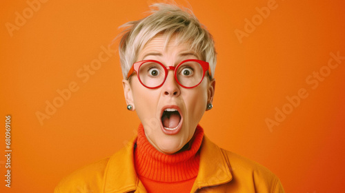Beautiful middle age senior woman wearing elegant yellow coat and hat over isolated yellow background amazed and surprised looking up and mouth with fingers and raised arms with. © Synthetica