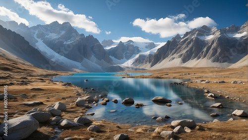 A majestic range of snow-capped peaks, their jagged silhouettes piercing the sky, adorned with ancient pine forests that cling to the slopes. The valleys below harbor crystal-clear glacial lakes AI