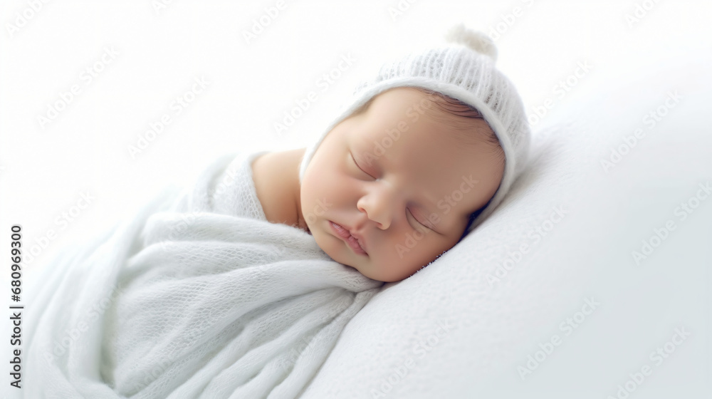 Calm Newborn, Wrapped in Warmth, Sleeping on White Calm Newborn, Wrapped in Warmth, Sleeping on White