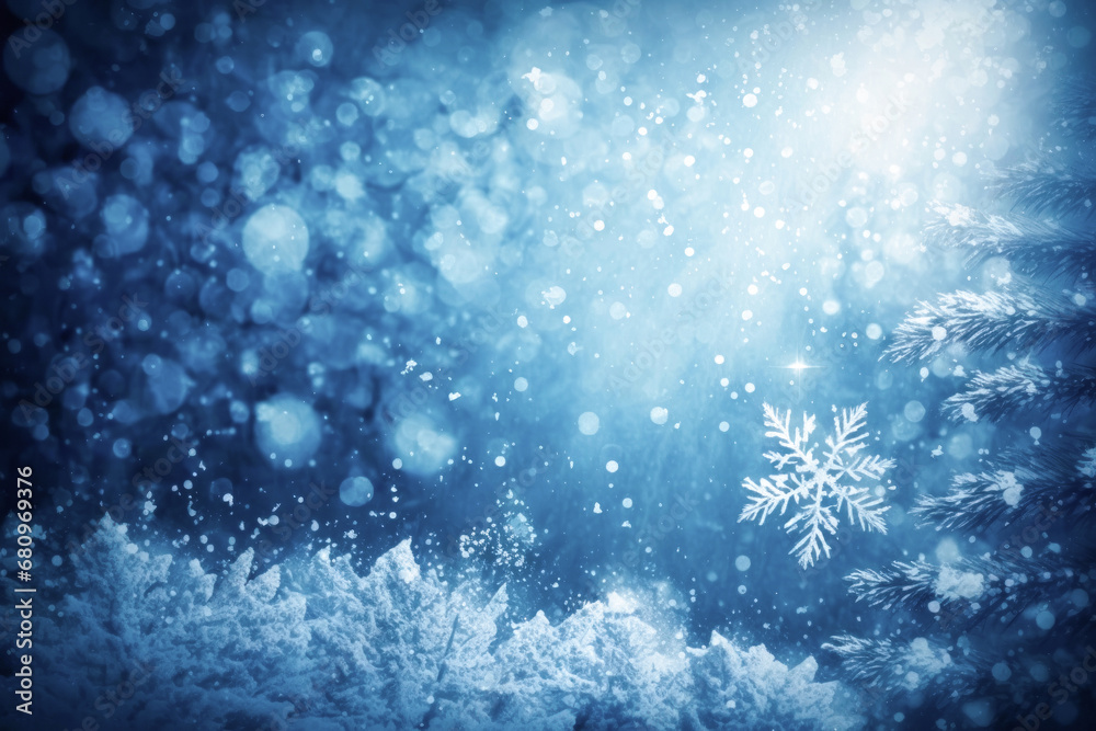 Winter blue background with snowflakes and pine branches in the frost. Festive Christmas background. Falling snow.