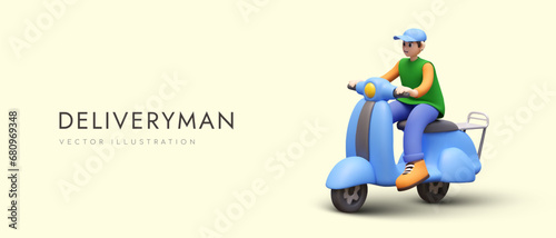 Realistic deliveryman on scooter. Concept of delivery, courier services. Horizontal banner on colored background with place for your text. Advertising in cartoon style