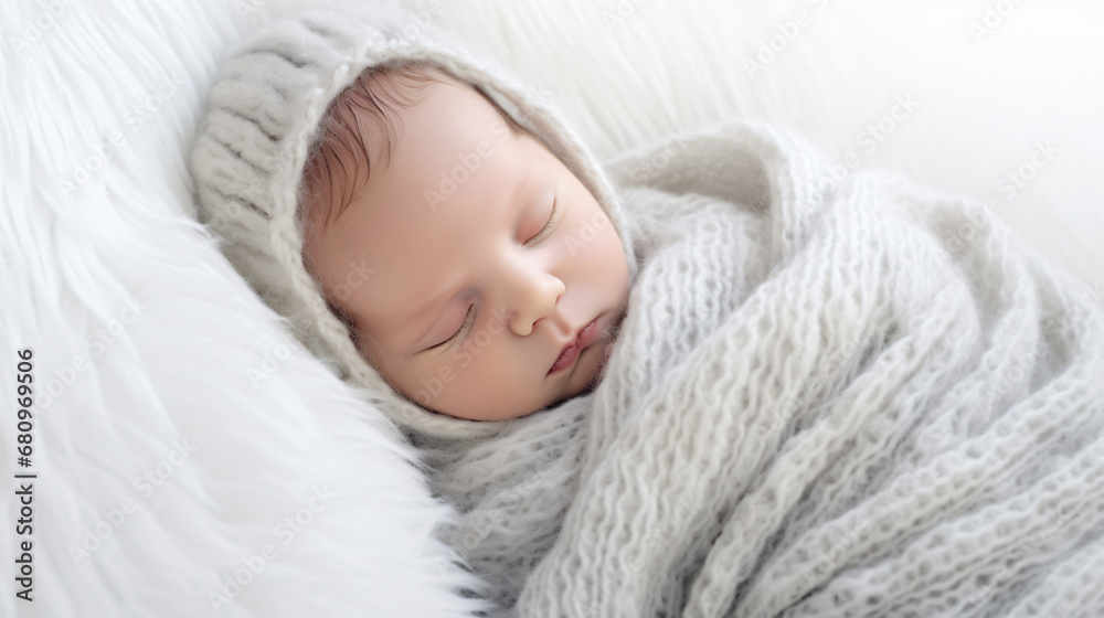 Sweet Newborn in Soft Blanket, Peaceful Rest, White Surface Sweet Newborn in Soft Blanket, Peaceful Rest, White Surface