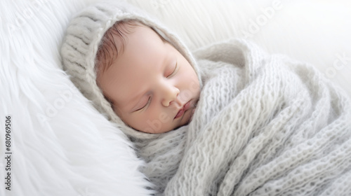 Sweet Newborn in Soft Blanket, Peaceful Rest, White Surface