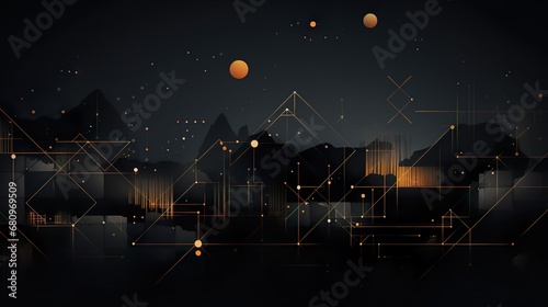 Luxury geometric abstract black metal background with golden light lines.