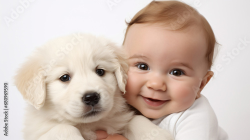 Baby's Loving Embrace with Puppy, Heartwarming, White Setting © Sanja