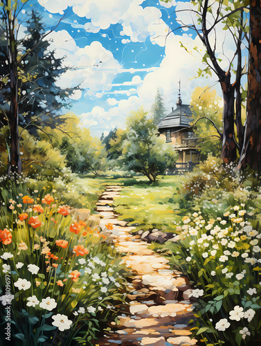 A Painting Of A Path In A Forest - Peaceful Garden with a Freshly Mown Grass Lawn