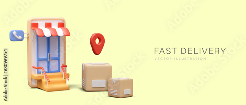 Smartphone with online shop, different boxes with pin. Order products via mobile. Placard with yellow background and place for text. Vector illustration in 3D style