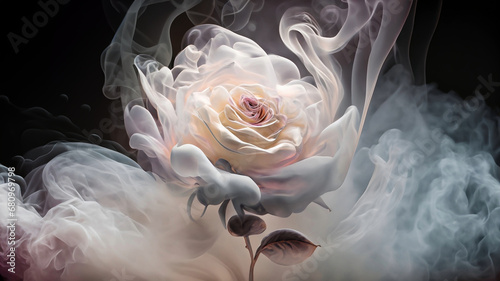 Róża, piekny pastelowy biały kwiat w dymie, abstrakcyjna tapeta
