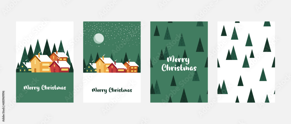 Set of Christmas cards with houses, Christmas trees and snow, with the inscription 