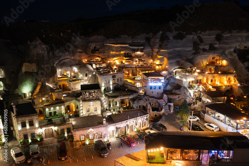 Top view of the night cityscape of the city called Goreme in Cappadocia in Turkey. Beautiful city illumination.