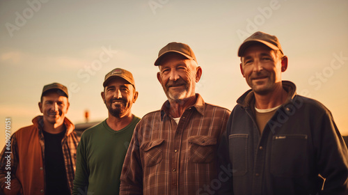 A group of four old smiling farmer men standing on a countryside field at sunset, wearing hats and looking at the camera. Idyllic close up photography of ranch workers photo