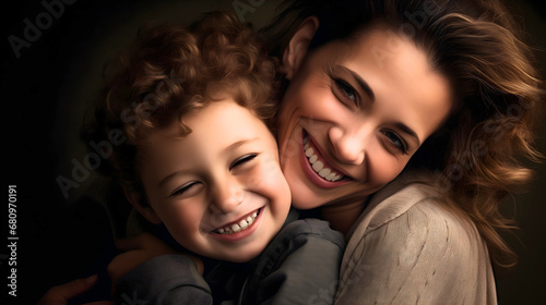 Close up photography of a mother and her beautiful young son with curly hair hugging and smiling. Happy family concept