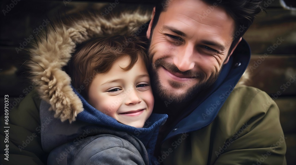 Father and his beautiful young son, wearing a jacket with a fur, hugging and smiling. Happy family, young child parenting, fatherhood concept Father and his beautiful young son, wearing a jacket with a fur, hugging and smiling. Happy family, young child parenting, fatherhood concept