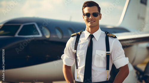 A handsome young pilot standing in front of the indigo blue and white private jet with smile on his face, wearing a white shirt pilot uniform with a tie and looking at the camera 