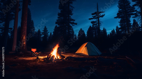Campfire flame burning deep in the woods  under the starry night sky  near the camp chair. Camping in the wilderness alone. Rural traveling concept