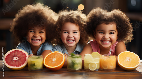 Happy little girls with different refreshing drinks in cafe, close up portrait photo