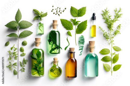 Various bottles with essential oils and medicinal herbs on white background. Top view. Generative AI photo