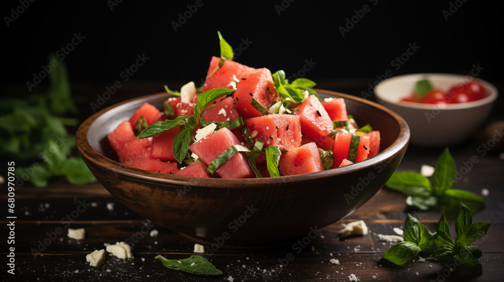 Watermelon Feta Salad with Balsamic Glaze and Mint Leaves Watermelon Feta Salad with Balsamic Glaze and Mint Leaves