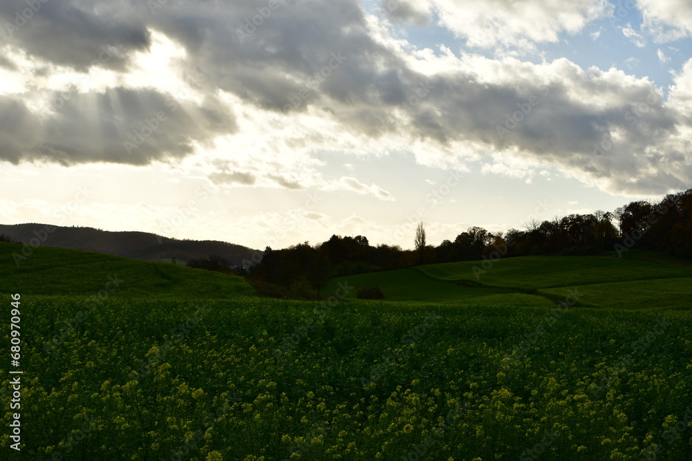 Green Meadows and clouds with sunrays Muehltal Traisa germany