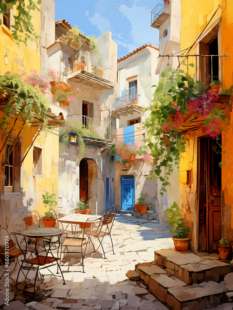 Obraz premium A Courtyard With Tables And Chairs - Pictorial scene of courtyard in old town of Croatia