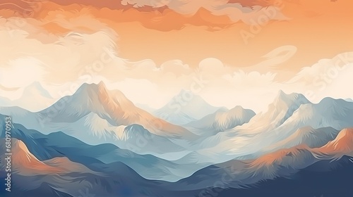 Landscape with lake and mountains. Simple flat artwork background