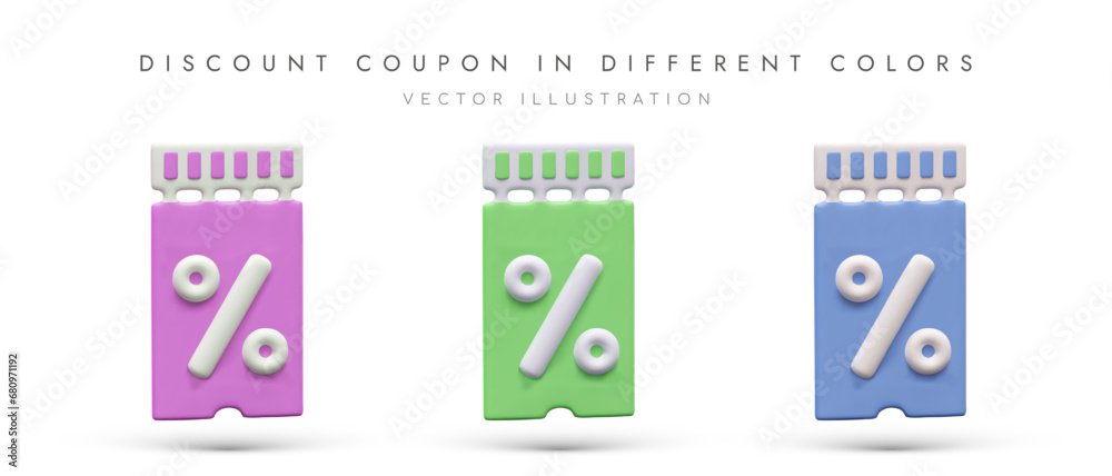 Set of tear off coupons for discount. Vouchers with interest signs. Promotional flyer. Vector illustration in cartoon style. Images for sales, promotions, bonus accruals Set of tear off coupons for discount. Vouchers with interest signs. Promotional flyer. Vector illustration in cartoon style. Images for sales, promotions, bonus accruals